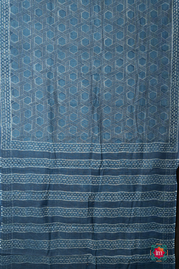 Indigo Honeycomb Bagru Handblock Printed Kota Doria Saree Bhawra-The Indian Motif