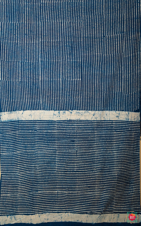 Indigo Vertical Lines Bagru Handblock Printed Mul Cotton Saree Bulbul-The Indian Motif