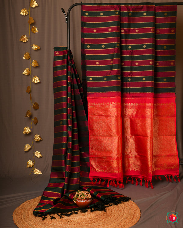 Green Red Kanjivaram Vertical Stripes Saree Panjavarnam