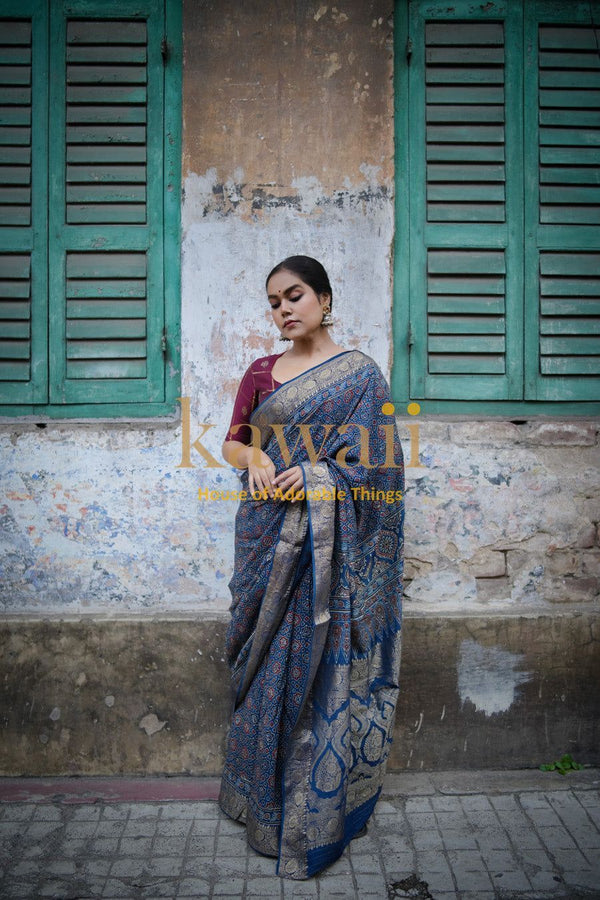 Raaga Ajrakh Saree - Handcrafted On Dola Silk