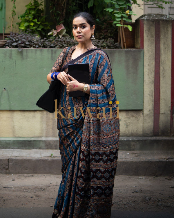 Neel-Raag-Ajrakh-Saree - Handcrafted-on-Modal-Silk-The-Indian-Motif