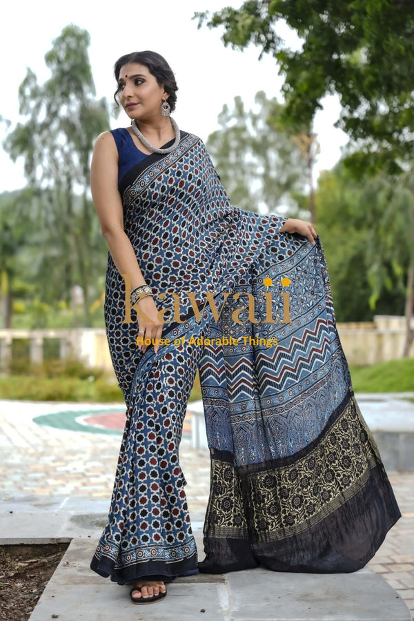 Bhoomi-Ajrakh-Saree - Handcrafted-on-Modal-Silk-The-Indian-Motif