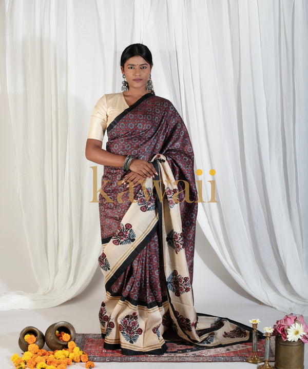 Gulmohar-Tussar-Silk-Block-Print-Saree-The-Indian-Motfi