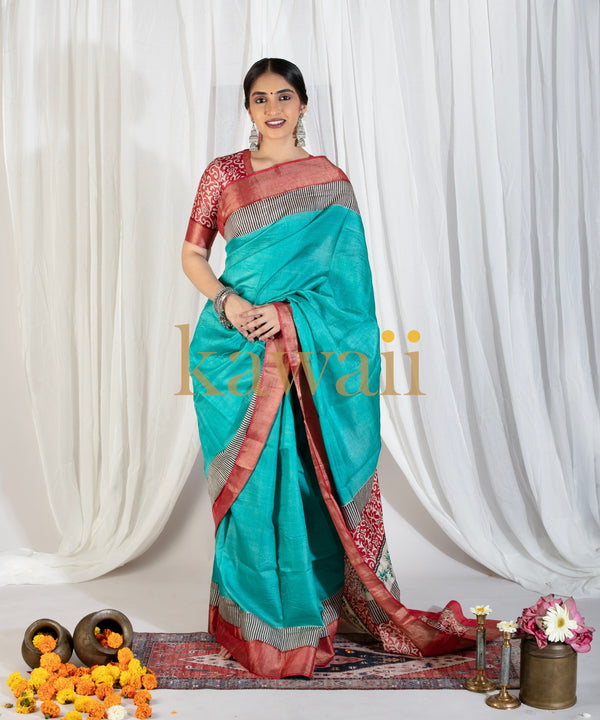 Aqua-Raaga-Tussar-Silk-Block-Print-Saree-the-indian-motif