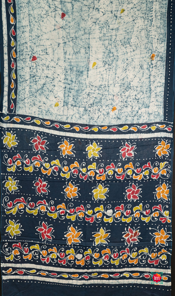 Light Blue Green Batik Cotton Saree Sky Floral-1-The Indian Motif