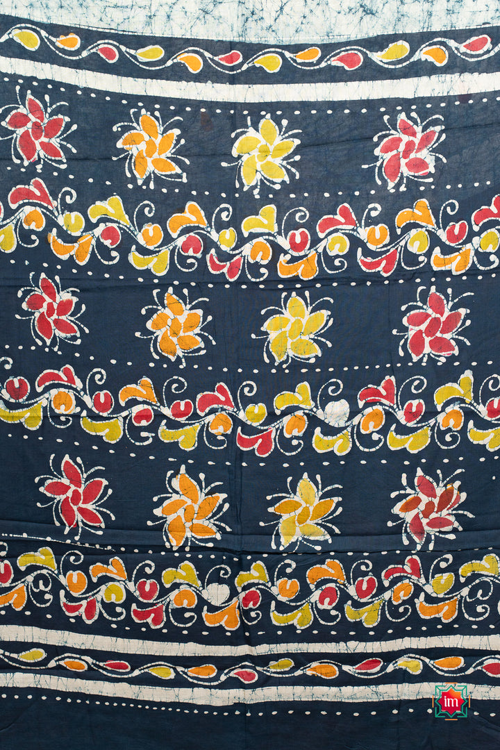 Light Blue Green Batik Cotton Saree Sky Floral-5-The Indian Motif