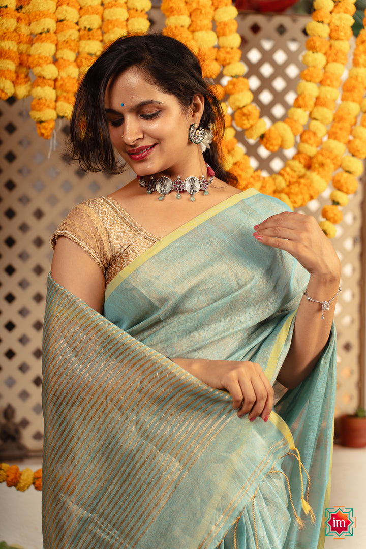 Light Blue Tissue By Cotton Handloom Saree Jharna-4-The Indian Motif