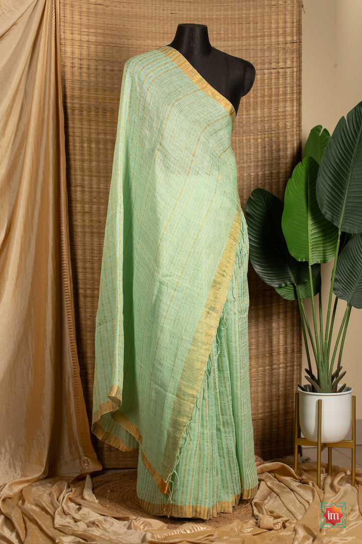 Light Teal Handwoven Linen With Zari Saree Pastel love-1-The-Indian-Motif
