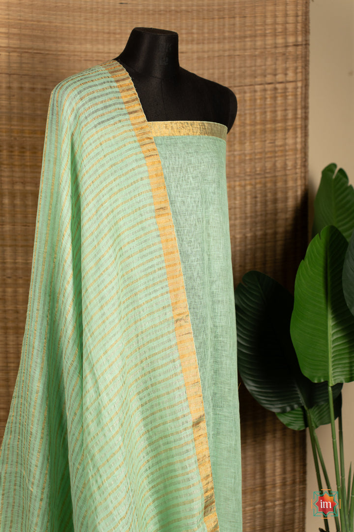 Light Teal Handwoven Linen With Zari Saree Pastel love-4-The-Indian-Motif