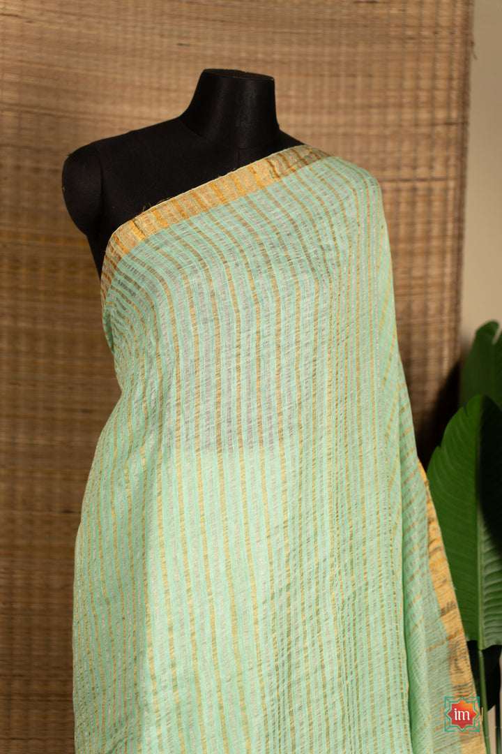 Light Teal Handwoven Linen With Zari Saree Pastel love-The-Indian-Motif