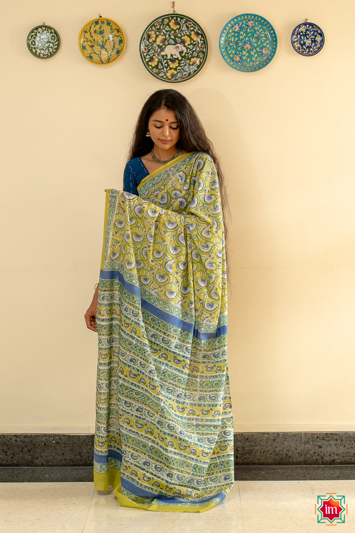 Lime-Green-Floral-Bagru-Handblock- Printed-Mul-Cotton-Saree-Narangi-1-The-Indian-Motif