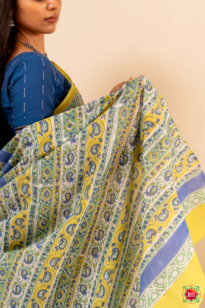 Lime-Green-Floral-Bagru-Handblock- Printed-Mul-Cotton-Saree-Narangi-3-The-Indian-Motif