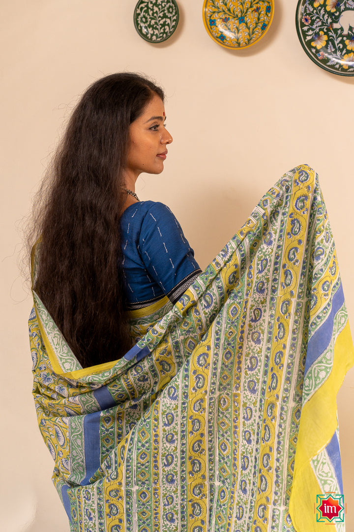 Lime-Green-Floral-Bagru-Handblock- Printed-Mul-Cotton-Saree-Narangi-4-The-Indian-Motif