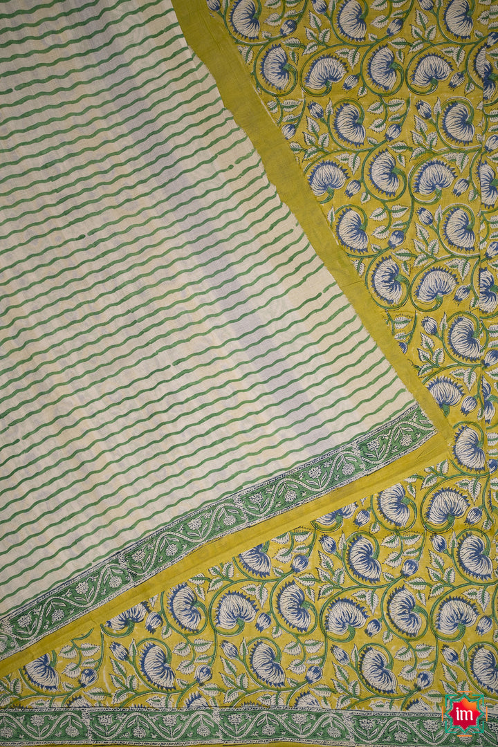 Lime-Green-Floral-Bagru-Handblock- Printed-Mul-Cotton-Saree-Narangi-5-The-Indian-Motif