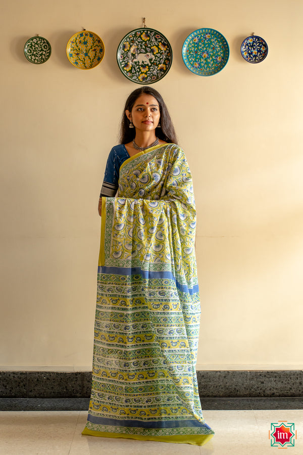 Lime-Green-Floral-Bagru-Handblock- Printed-Mul-Cotton-Saree-Narangi-The-Indian-Motif