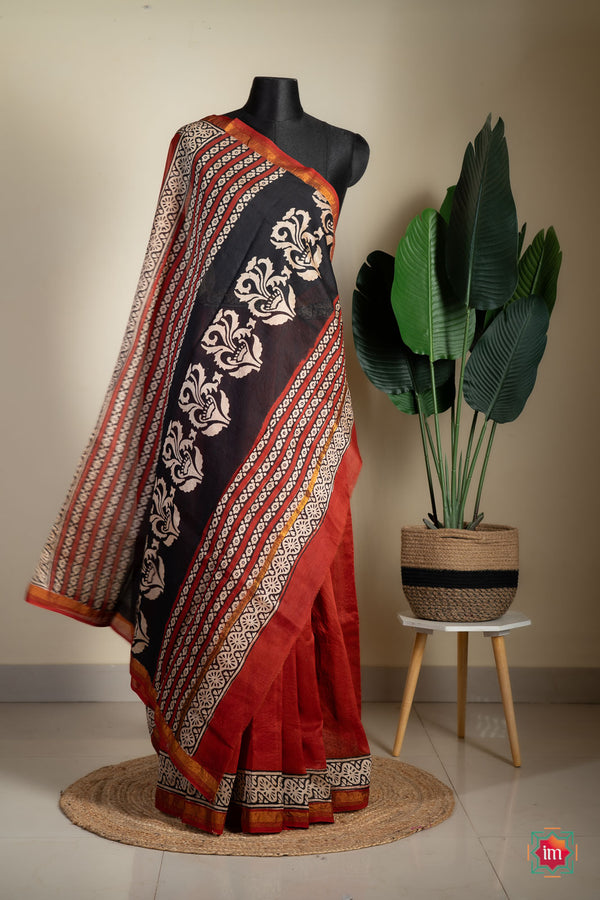 Madder Root Red Bagru Handblock Chanderi Silk Cotton Saree-The Indian Motif
