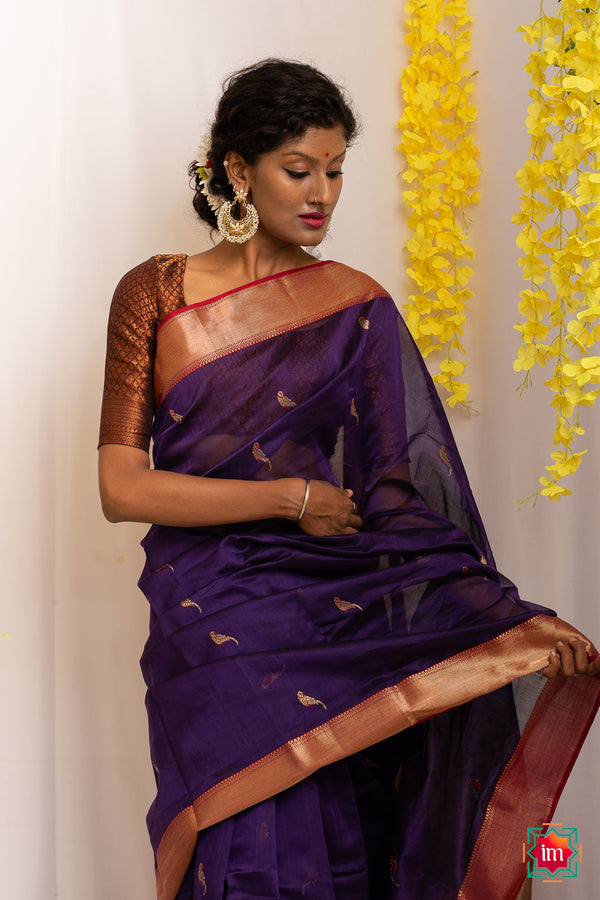 Purple Maheshwar Silk Cotton Parrot Saree Chidiyaa