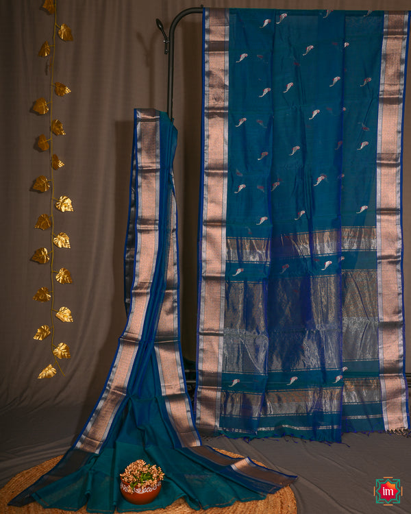 Blue Maheshwar Silk Cotton Parrot Saree Morpankh