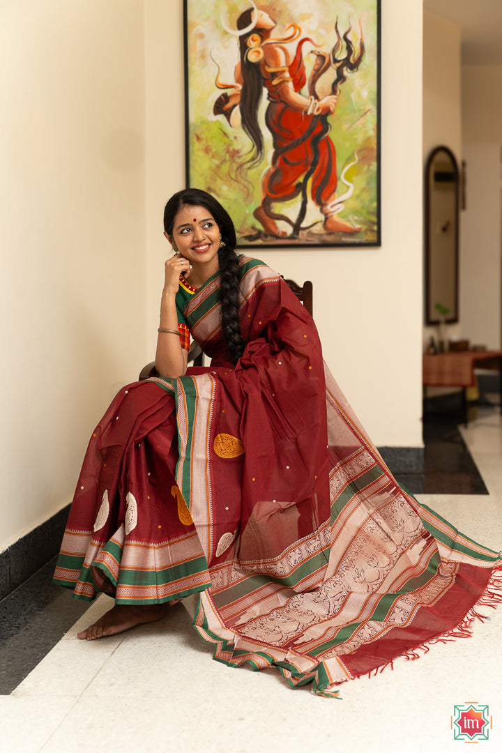 Maroon Green Kanchi Cotton Saree Paisley Love-1-The Indian Motif