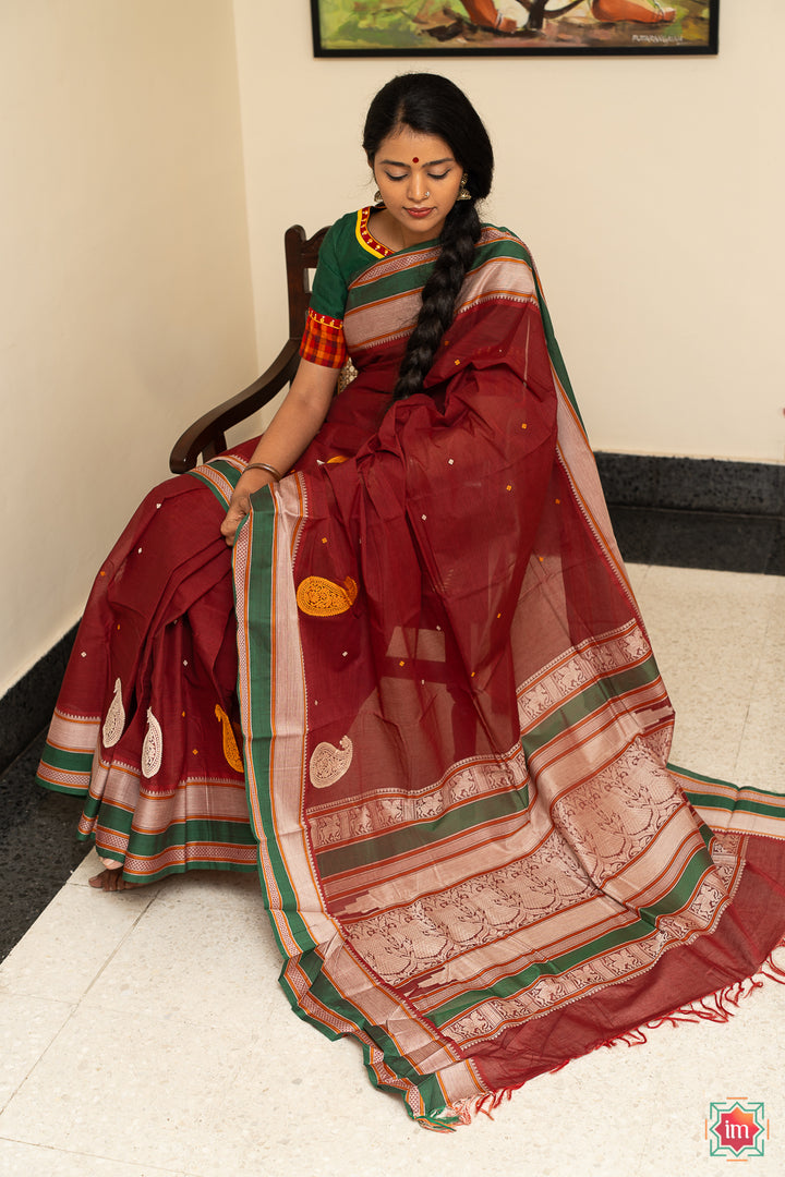 Maroon Green Kanchi Cotton Saree Paisley Love-2-The Indian Motif