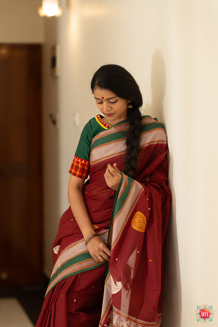 Maroon Green Kanchi Cotton Saree Paisley Love-4-The Indian Motif