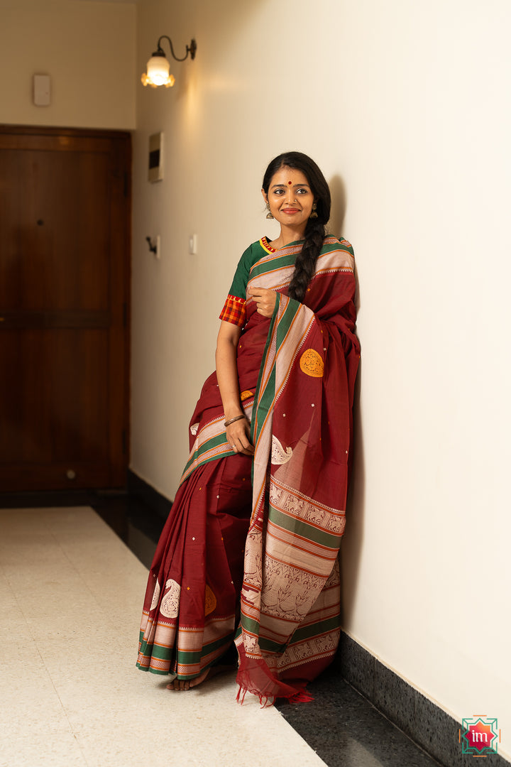Maroon Green Kanchi Cotton Saree Paisley Love-5-The Indian Motif