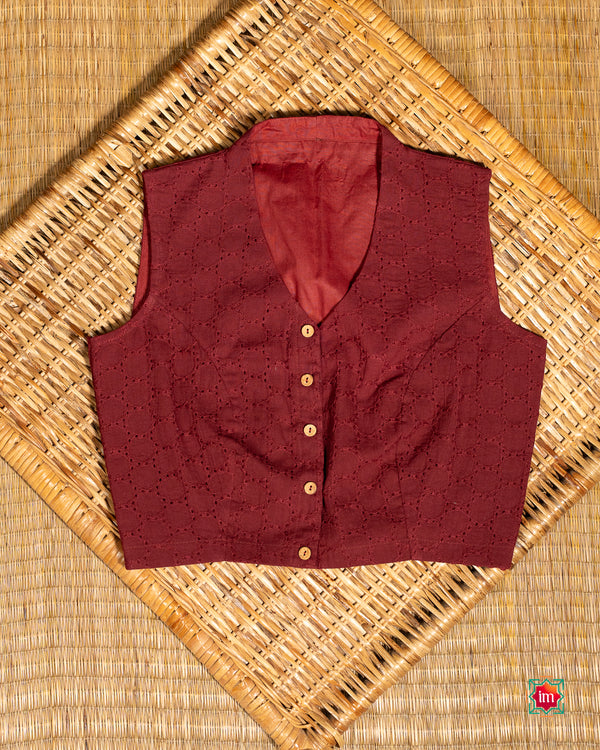 Maroon Hakoba Cotton Smart Sleeveless Blouse Tara-The Indian Motif