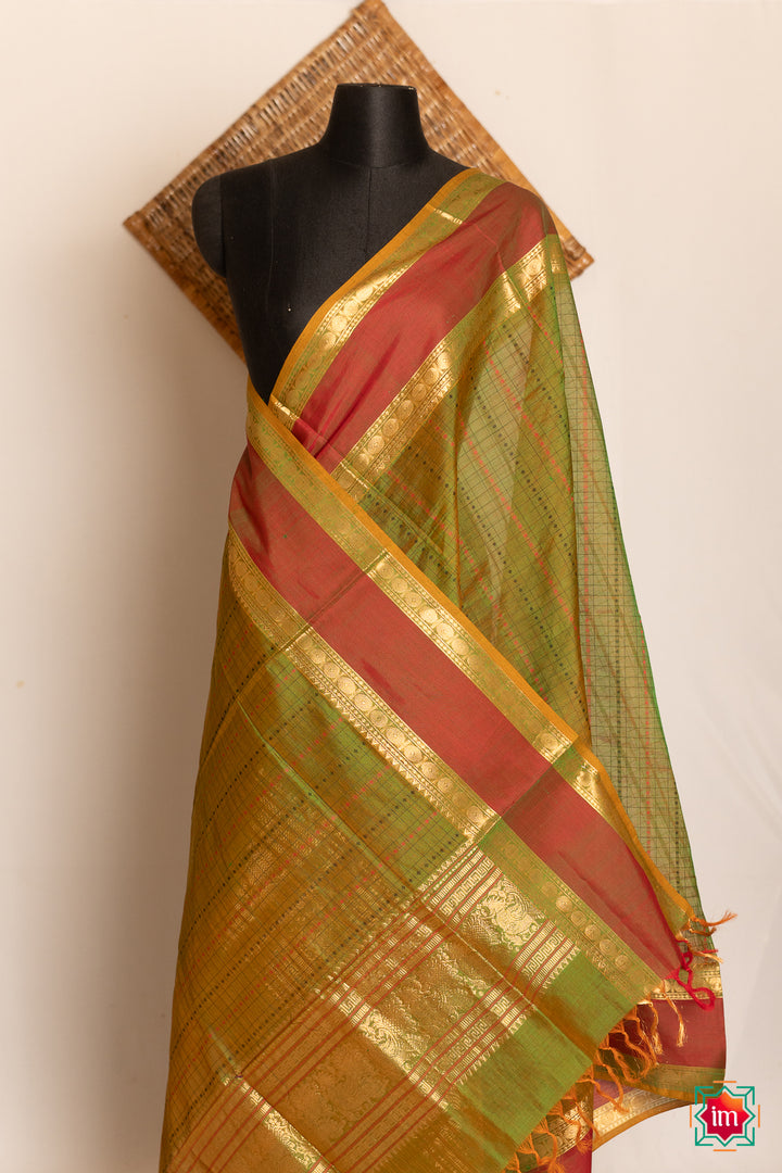 Moss-Green-Lakshadeepam-Butta-Handloom-Kanchi-Cotton-Dupatta-Pachai-The-Indian-Motif