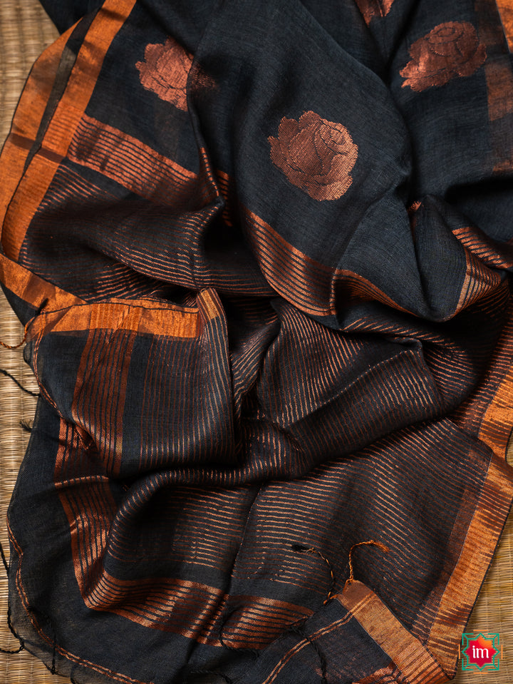 Ocean Blue-Green Handwoven Linen Jamdhani Saree Rose Magic-2-The Indian Motif