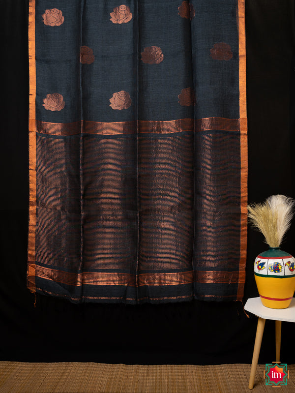 Ocean Blue-Green Handwoven Linen Jamdhani Saree Rose Magic-The Indian Motif