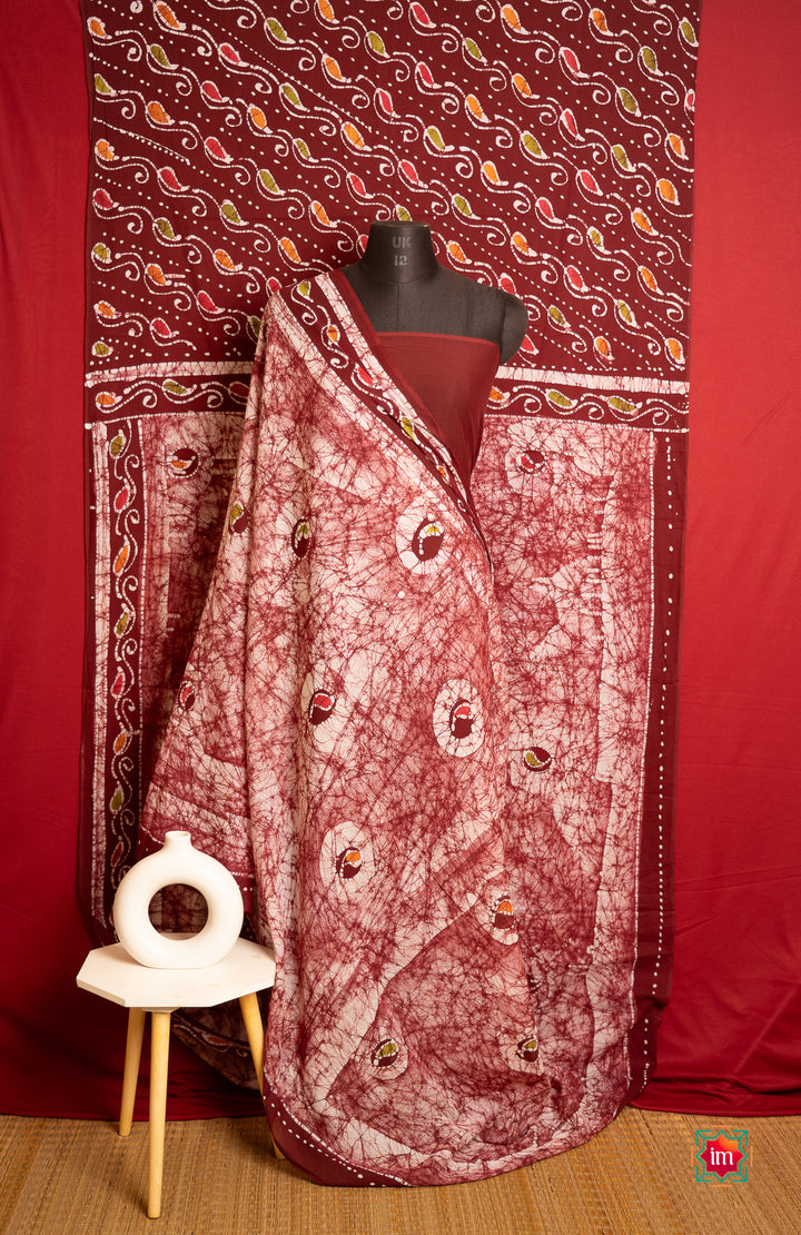 Offwhite Vermillion Batik Cotton Saree Mango Marvel-The-Indian-Motif