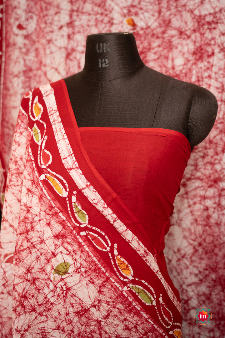 Offwhite-Red-Batik-Cotton-Saree-Cherry-Blossom-1-The-Indian-Motif