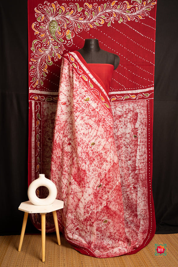 Offwhite-Red-Batik-Cotton-Saree-Cherry-Blossom-The-Indian-Motif