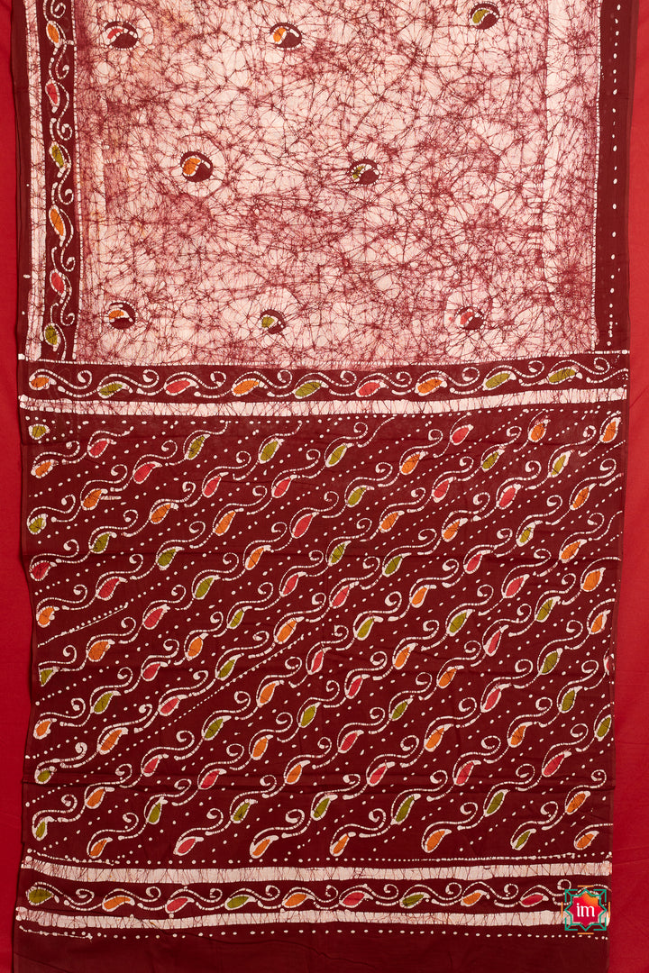 Offwhite Vermillion Batik Cotton Saree Mango Marvel-4-The-Indian-Motif