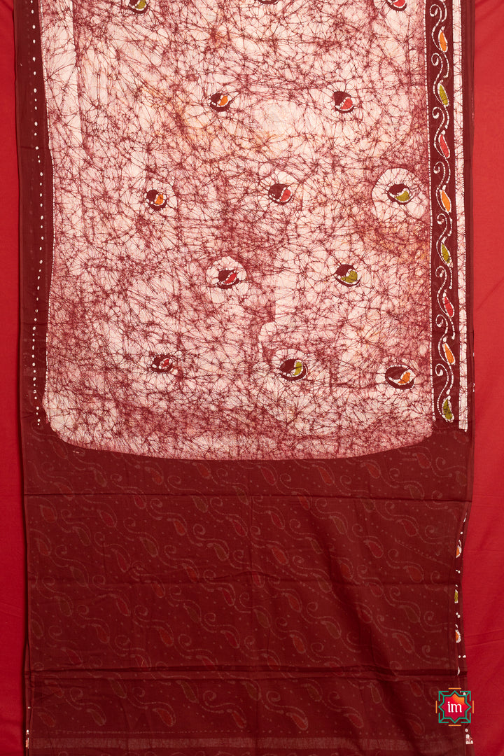 Offwhite Vermillion Batik Cotton Saree Mango Marvel-6-The-Indian-Motif