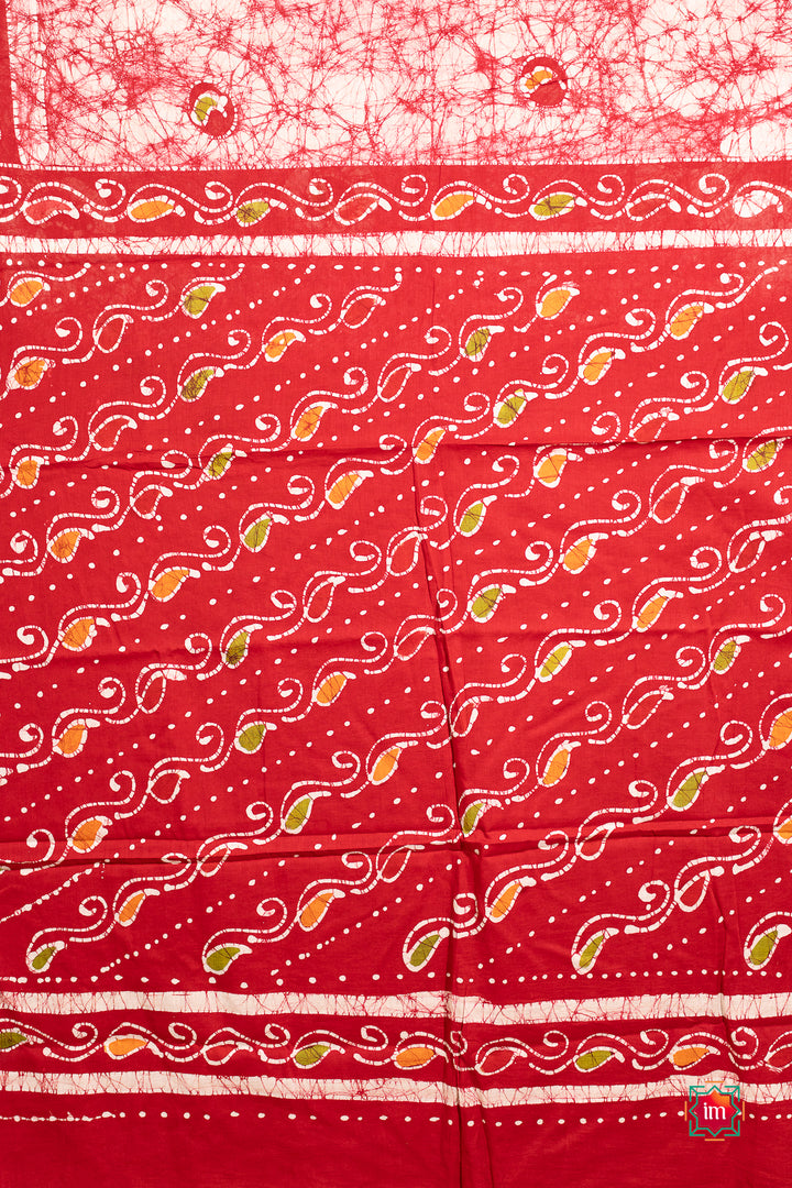 Offwhite With Red Batik Cotton Saree Chilli Charm-3-The Indian Motif