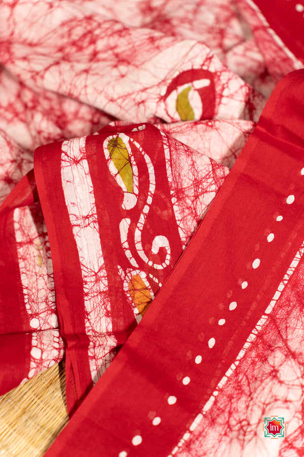 Offwhite With Red Batik Cotton Saree Chilli Charm-The Indian Motif