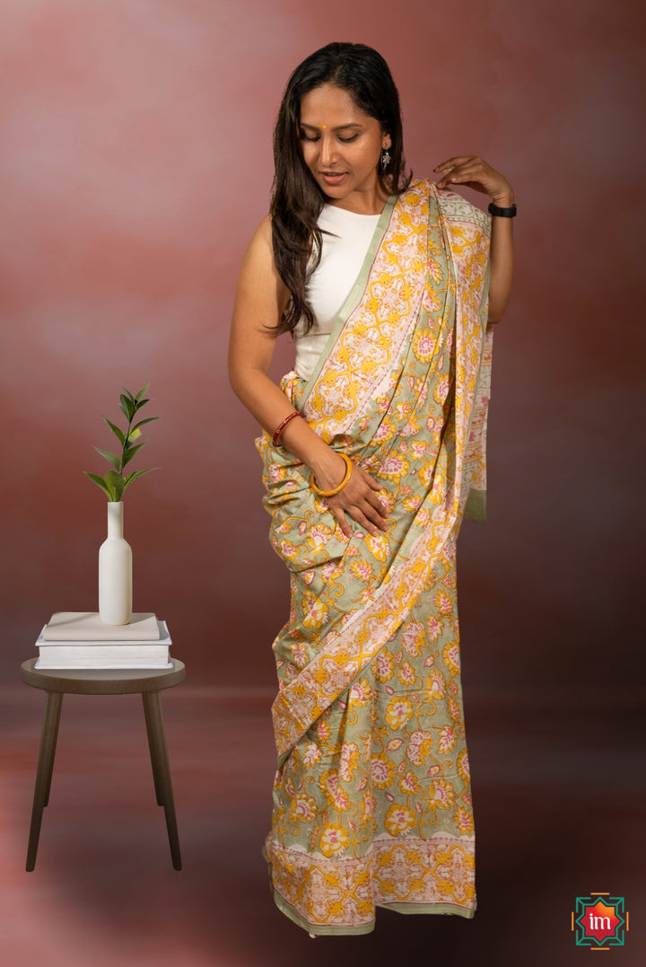Olive Floral Bagru Handblock Printed Mul Cotton Saree Hariyali-2-The Indian Motif