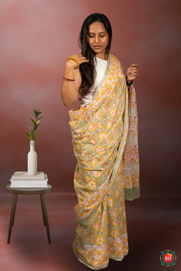 Olive Floral Bagru Handblock Printed Mul Cotton Saree Hariyali-1-The Indian Motif