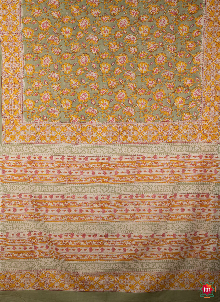 Olive Floral Bagru Handblock Printed Mul Cotton Saree Hariyali-4-The Indian Motif