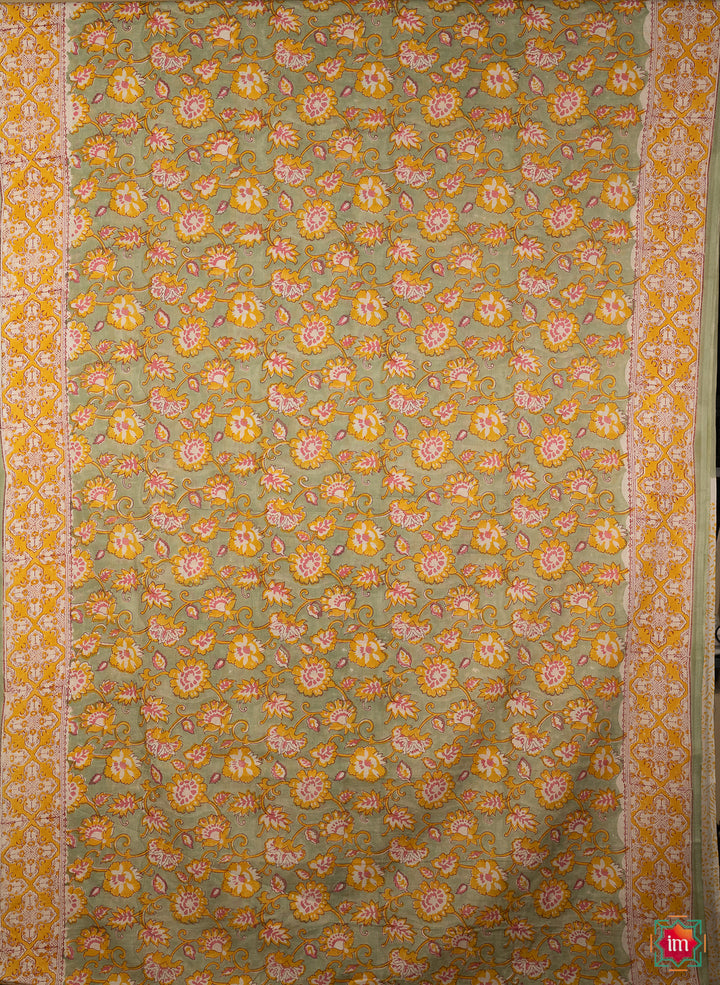 Olive Floral Bagru Handblock Printed Mul Cotton Saree Hariyali-6-The Indian Motif