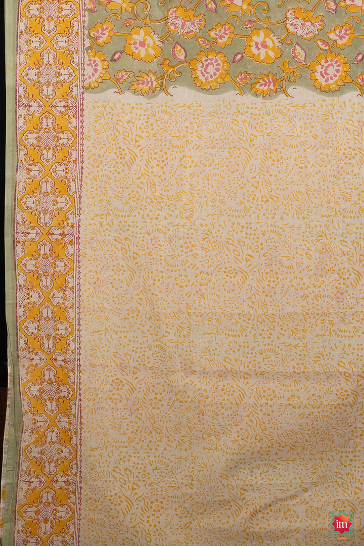 Olive Floral Bagru Handblock Printed Mul Cotton Saree Hariyali-8-The Indian Motif