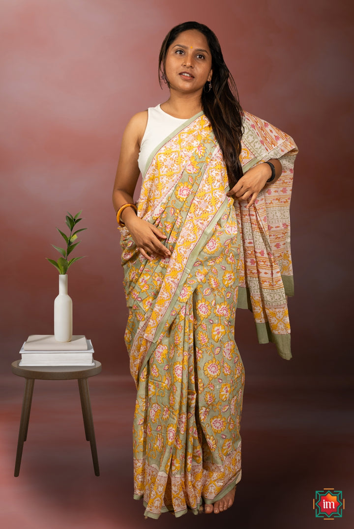 Olive Floral Bagru Handblock Printed Mul Cotton Saree Hariyali-The Indian Motif