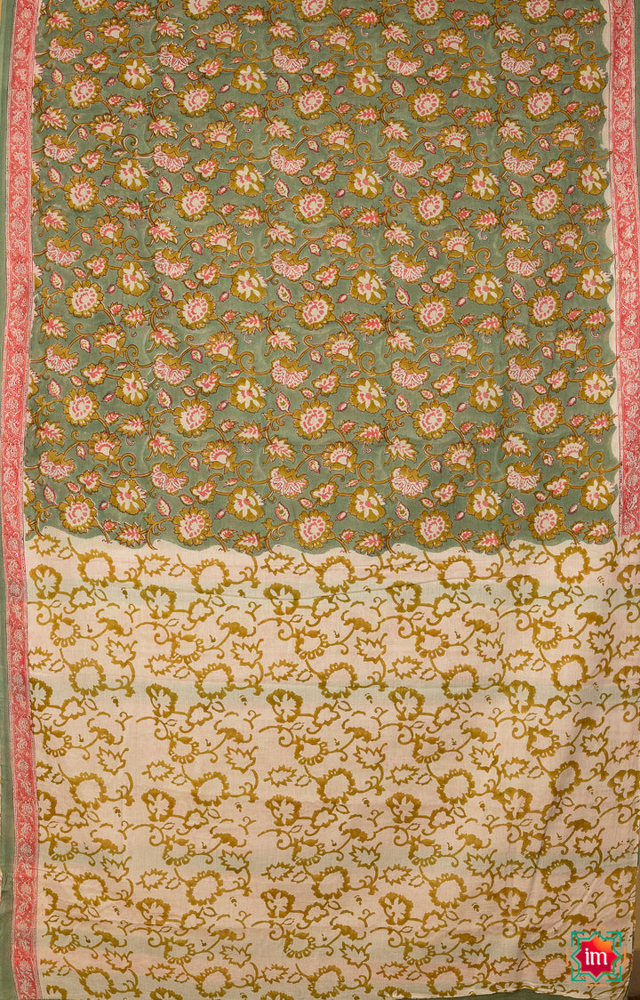 Olive-Green-Floral-Bagru-Handblock-Printed-Mul-Cotton-Saree-Chidiya-4-The-Indian-Motif