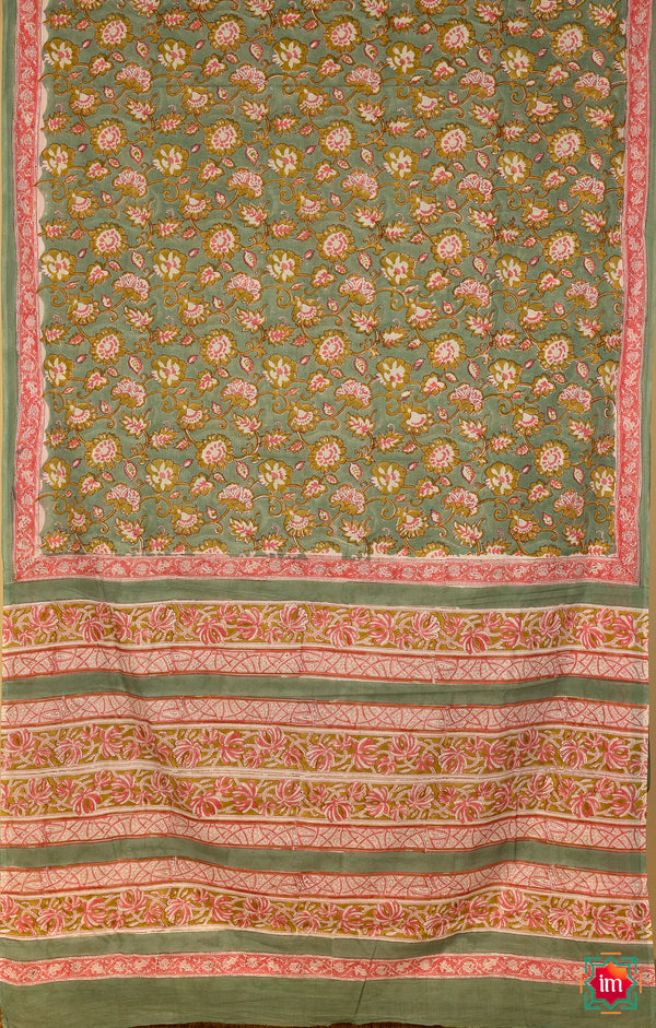 Olive-Green-Floral-Bagru-Handblock-Printed-Mul-Cotton-Saree-Chidiya-The-Indian-Motif