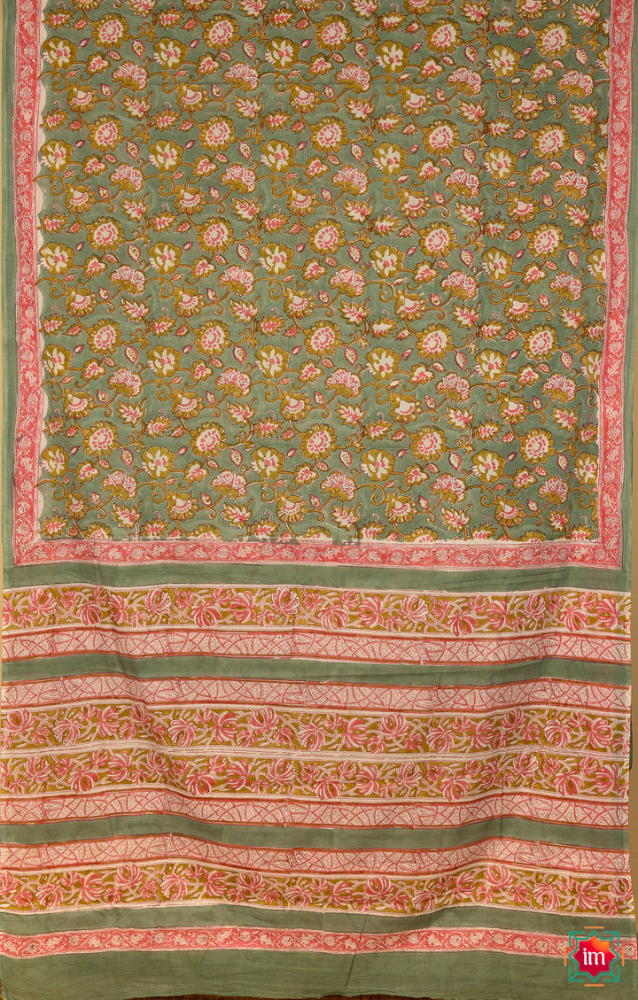 Olive-Green-Floral-Bagru-Handblock-Printed-Mul-Cotton-Saree-Chidiya-The-Indian-Motif
