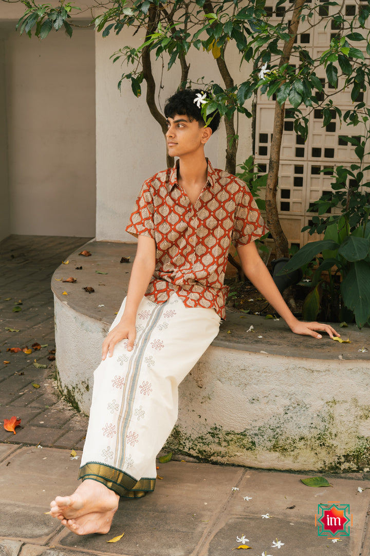 Onam-Kolam-Handblock-Mens-Dhoti -Pookalam-2-The-Indian-Motif