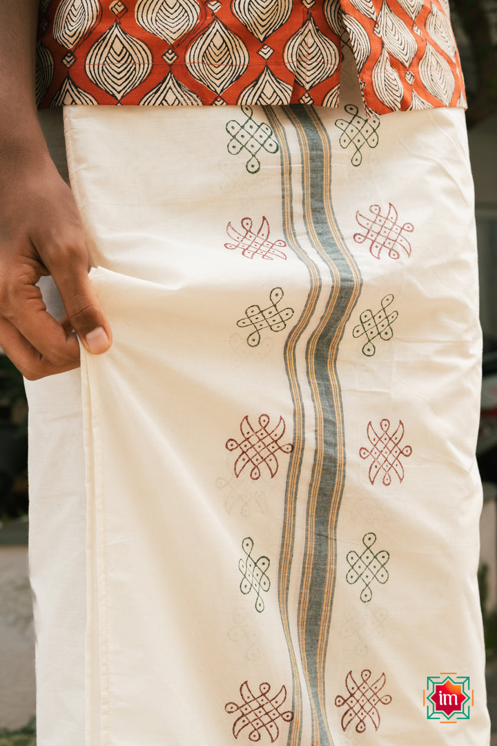 Onam-Kolam-Handblock-Mens-Dhoti -Pookalam-5-The-Indian-Motif