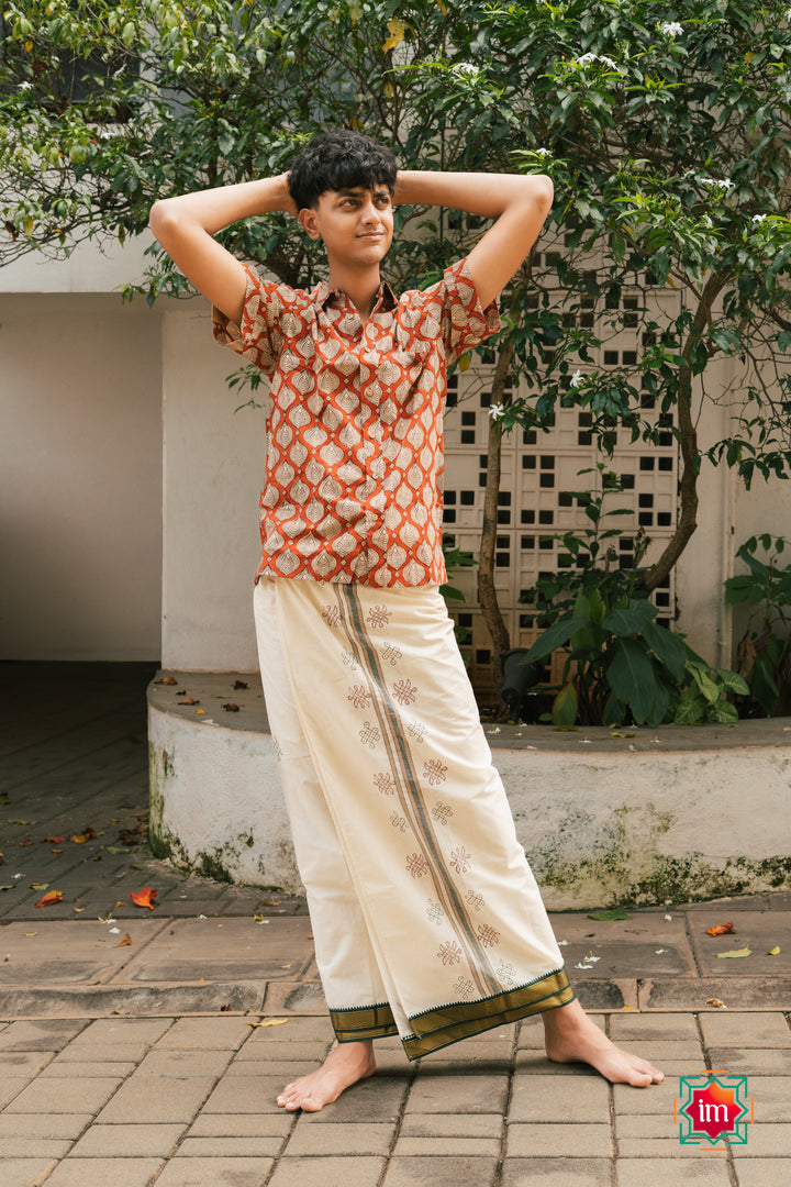Onam-Kolam-Handblock-Mens-Dhoti -Pookalam-The-Indian-Motif