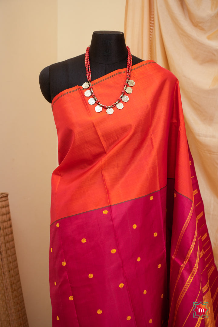 Orange-and-Red-Kanjivaram-Mubbagam-Saree-Thrayee-1-The-Indian-Motif